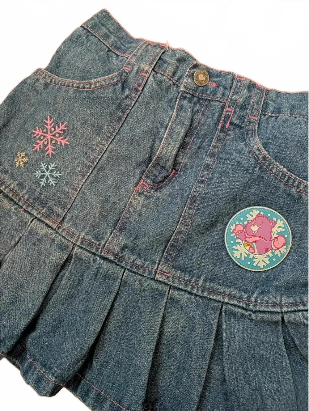 Vintage Y2K Care Bears Girl's 7/8 Denim Pleated Skirt Winter Wonderland Snow